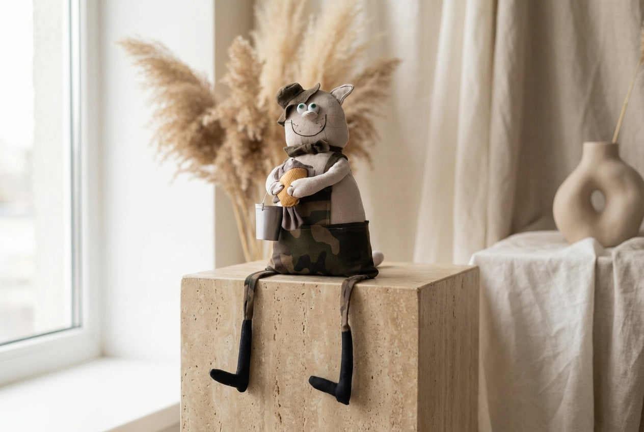 Rankų darbo lininis katinas „Klemensas“