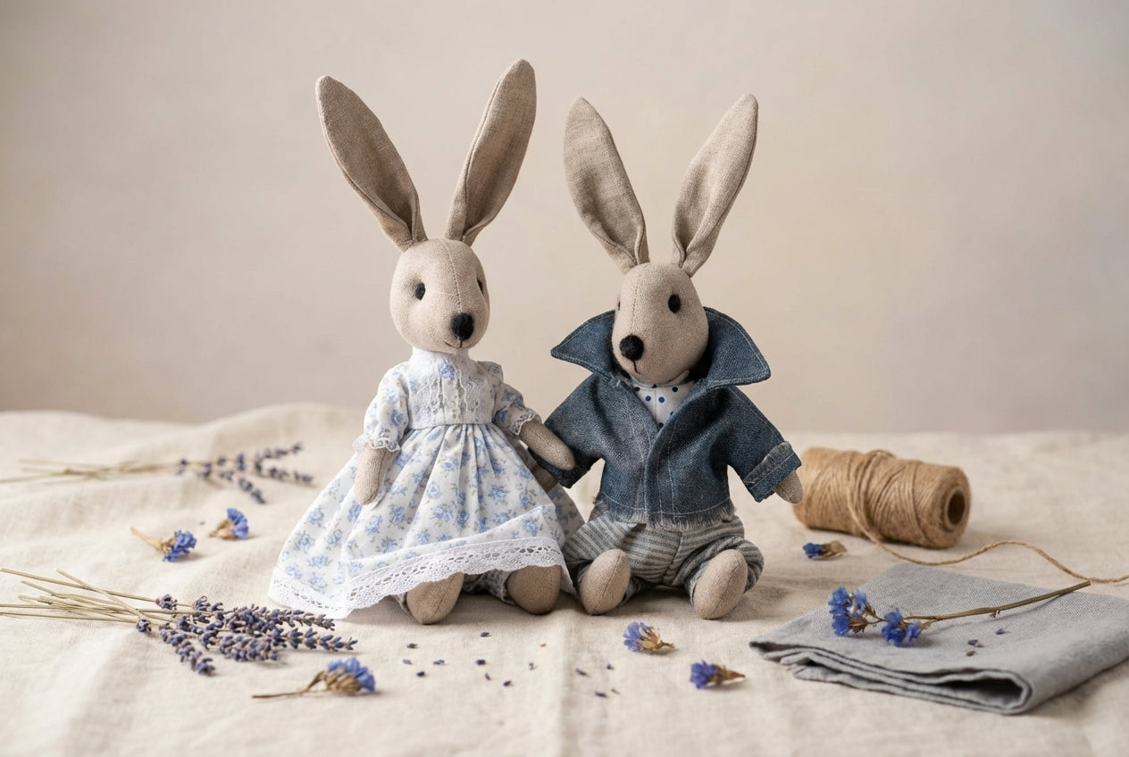 Rankų darbo lininiai triušiukai „Elzė ir Julius“