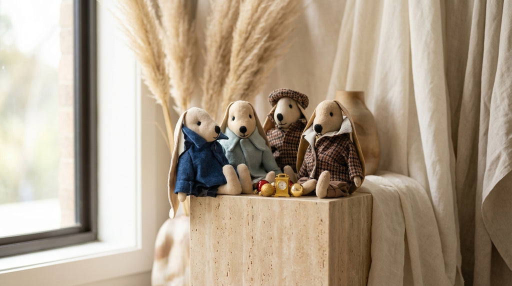 Rankų darbo lininiai triušiukai „Mažųjų džentelmenų ketvertas“